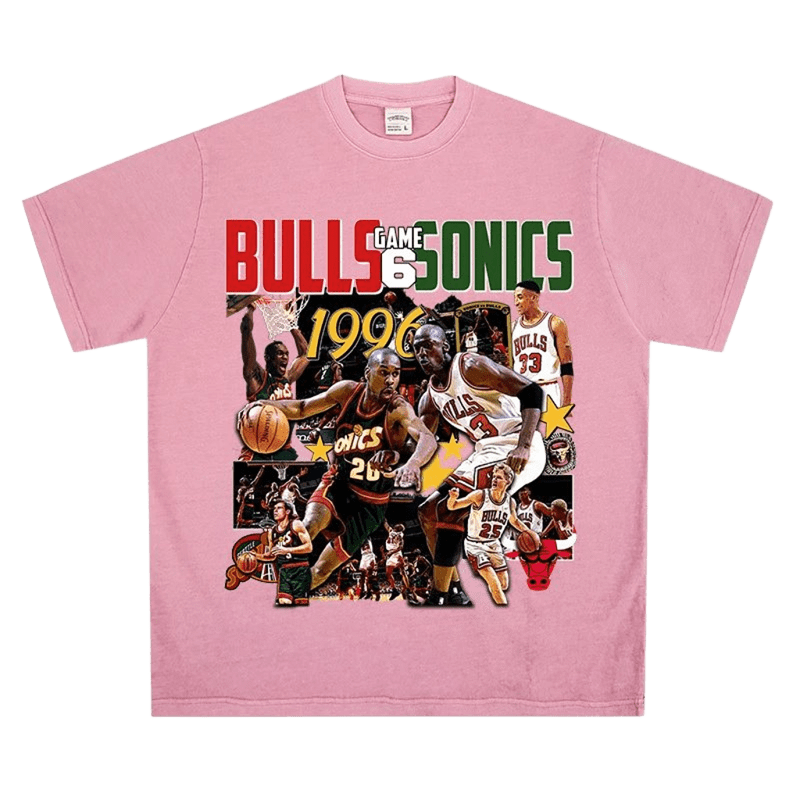 1996 Pink Bulls vs Sonics Tee - Vintage NBA Collage Streetwear