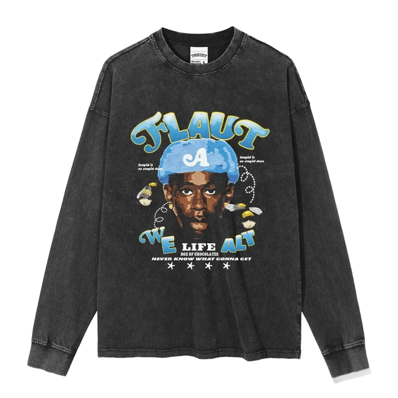 2024 Limited Black Washed Tee - Flaut Bee Print Streetwear