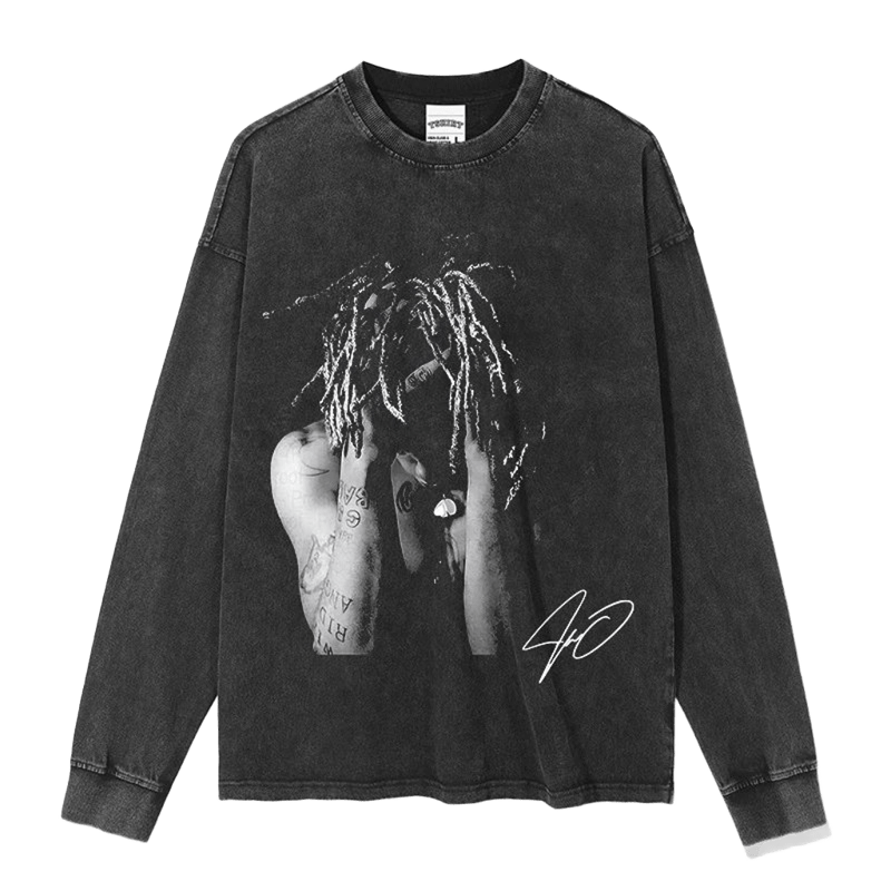 40 Logo Distressed Washed Black Loose Hoodie, Hip Hop Streetwear