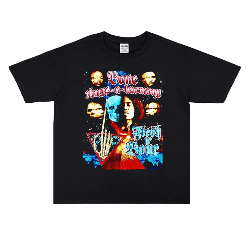 90s Hip-Hop Graphic Tee - Skull & Face Print - Unisex Black Cotton Shirt