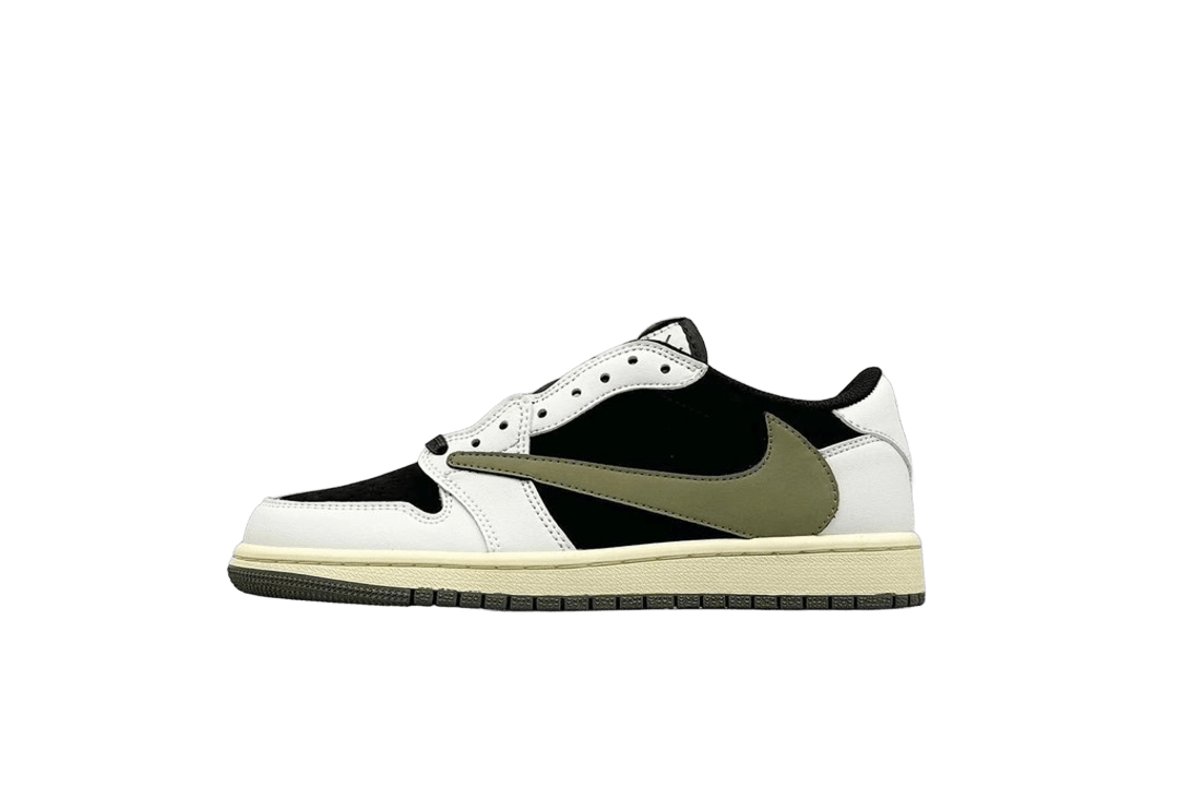 Air Jordan 1 Low White Black Olive Green Leather Suede Sneakers