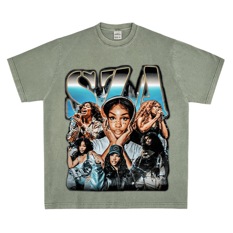Army Green SZA Print Tee, Unisex Streetwear, Oversized Cotton Tee