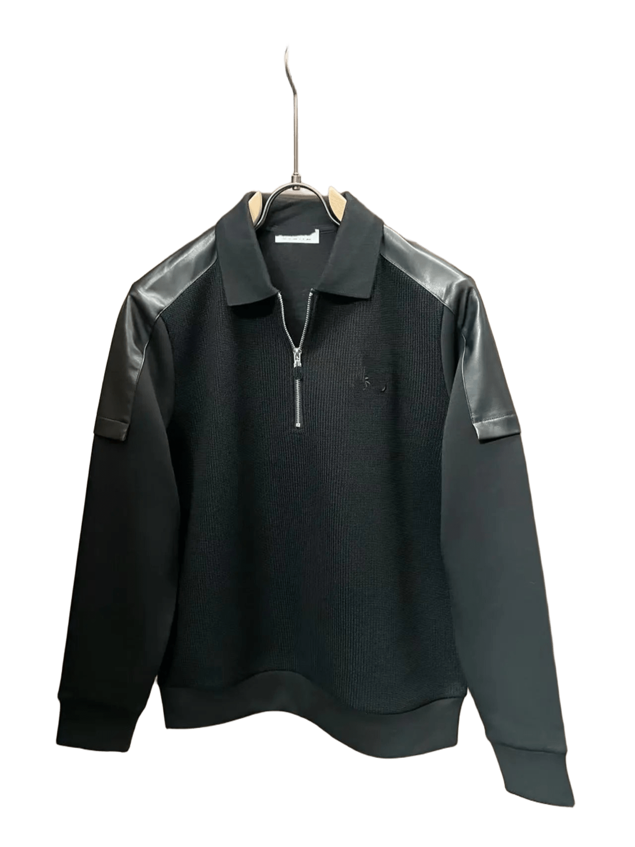 Balenciaga Black Half-Zip Mesh Knit Sweatshirt Leather Sleeve