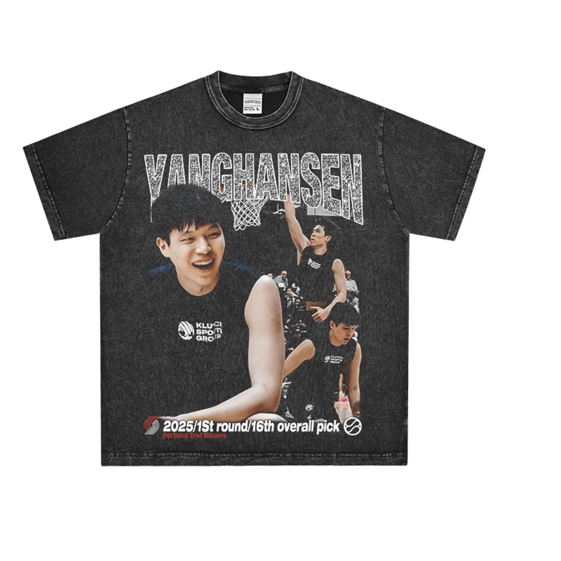 Basketball Star Print T-Shirt | Wash Black | 2025 Draft | Streetwear