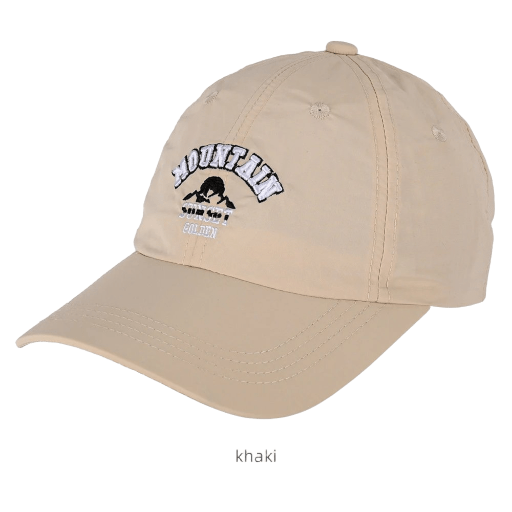 Beige Cotton Baseball Cap Unisex Embroidered Mountain Design