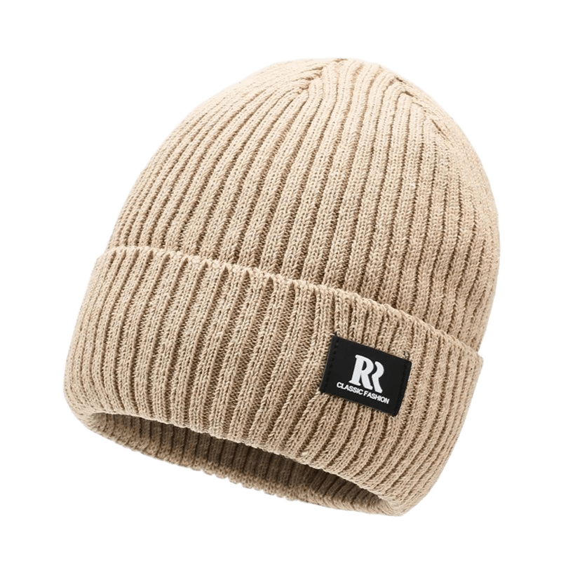 Beige Knit Cap with Leather Patch, Warm Unisex Winter Hat
