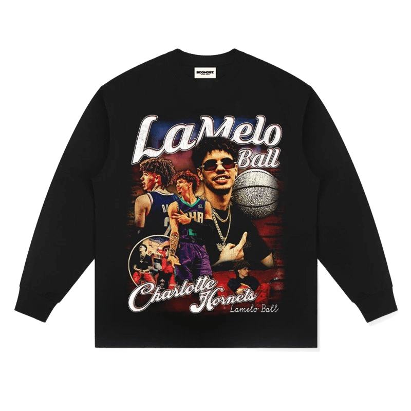 Black Cotton Long Sleeve Tee | LaMelo Ball Streetwear Basketball Shirt