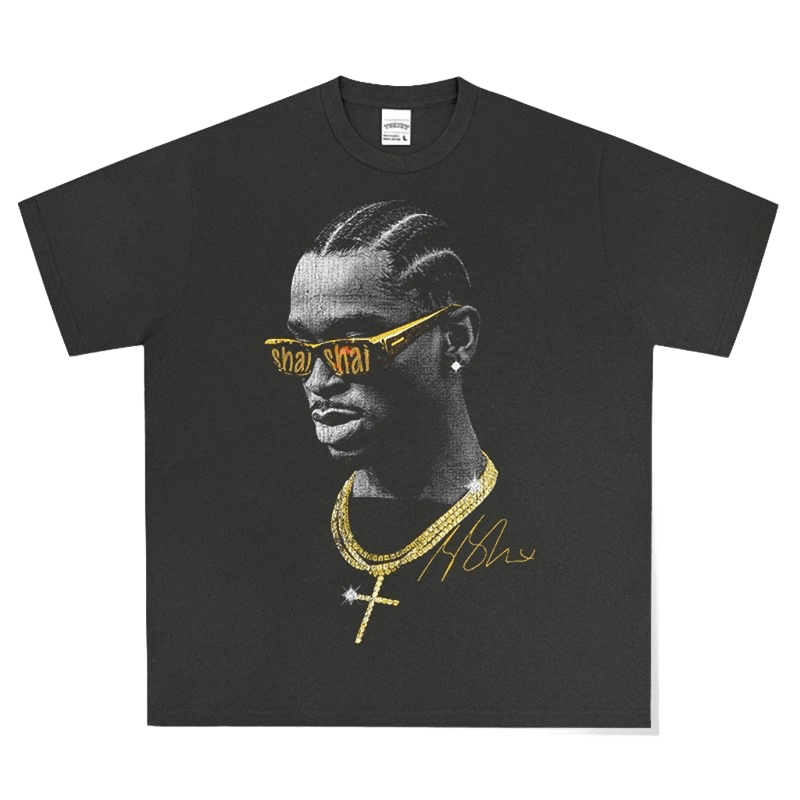 Black Cotton T-Shirt Gold Shai Shai Portrait Street Style Unisex