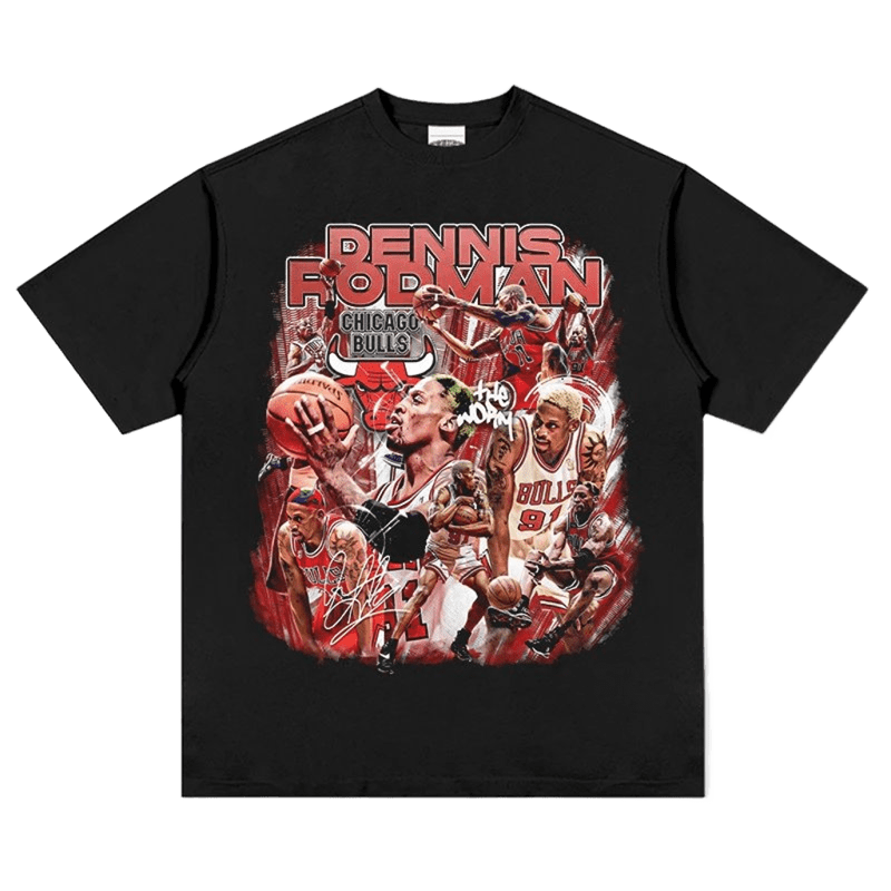 Black Dennis Rodman Tribute Cotton Tee - Retro NBA Street Style