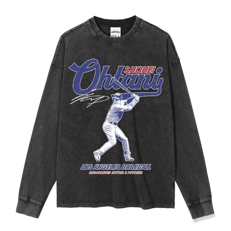 Black Distressed Baseball Tee with Ohtani Print
