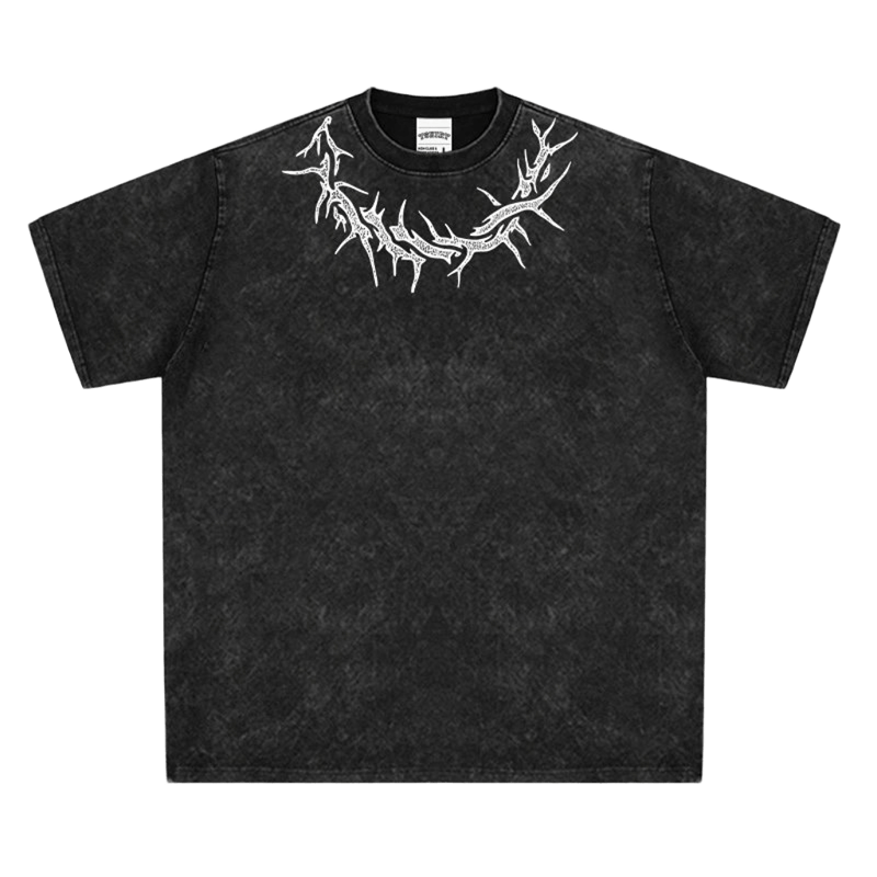 Black Distressed Cotton Tee with White Collar Print - Unisex Streetwear