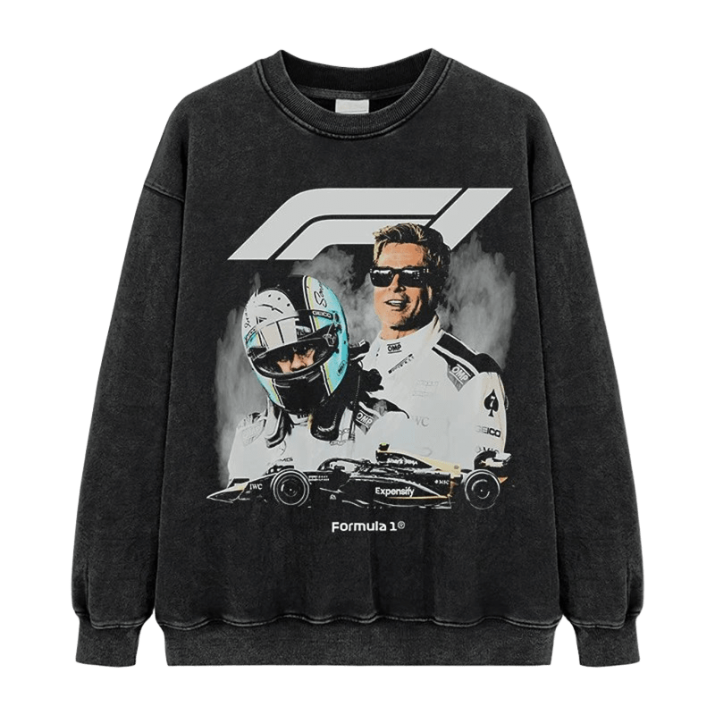 Black Distressed F1 Racer Sweatshirt - Unisex Cotton Streetwear