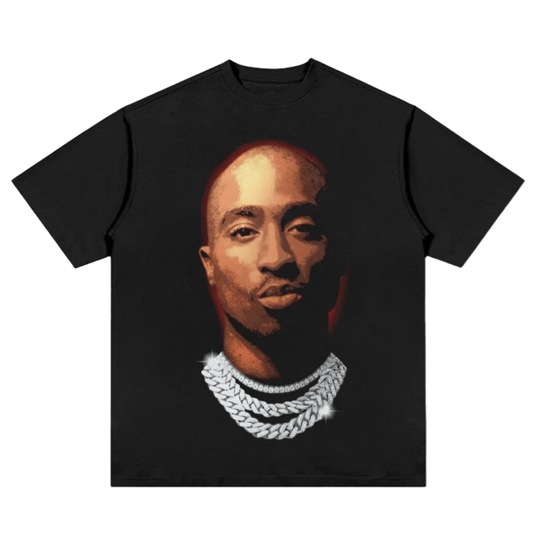 Black Hip-Hop Tee: Cotton, Portrait Print, Red Gradient, Unisex