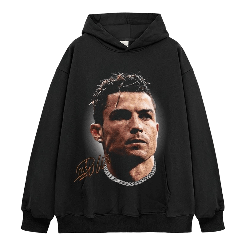 Black Hooded Cotton Sweatshirt, Graphic Print Streetwear Unisex