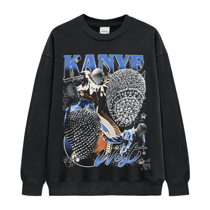 Black KANYE WEST Print Sweatshirt - Unisex Streetwear Blue Graphic Cotton Hoodie