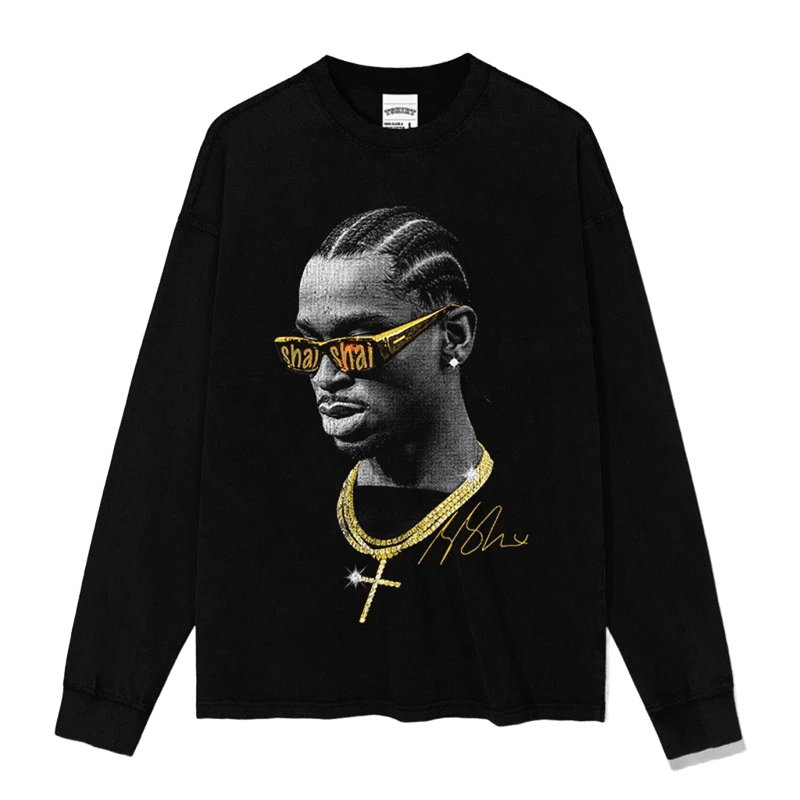 Black Print Long Sleeve Tee, Soft Cotton, Streetwear Unisex Top