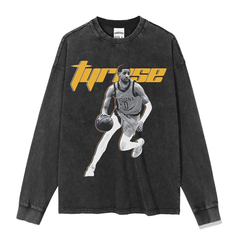 Black Vintage Long Sleeve Tee, Tyrese Indiana Basketball Print, Streetwear