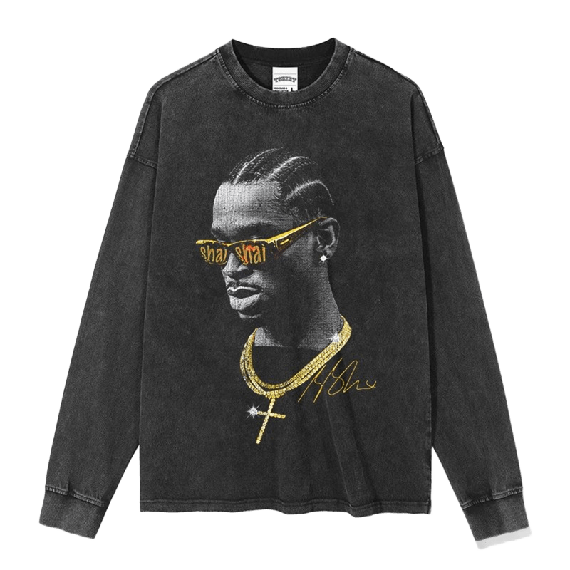 Black Washed Cotton Long Sleeve Tee with Portrait Print