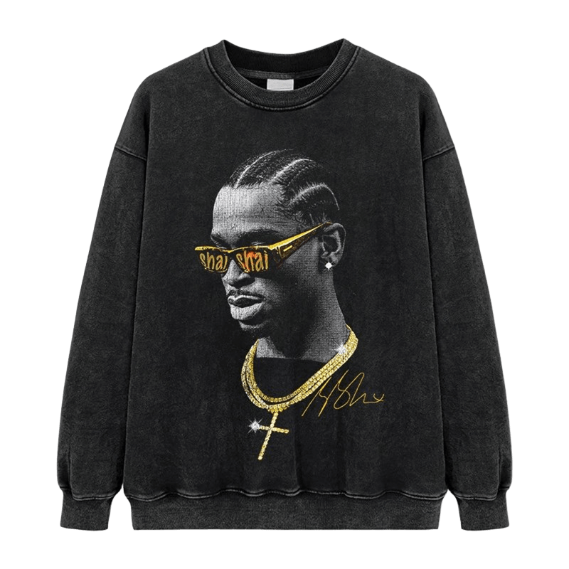 Black Washed Crewneck Sweatshirt - Unisex Streetwear with Gold Print