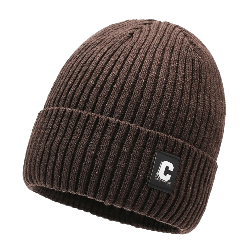 Brown Thermal Knit Beanie with Leather 