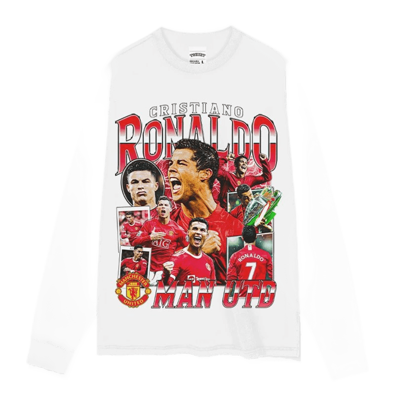 C Ronaldo Man UTD White Long Sleeve Tee - Cotton Unisex Streetwear