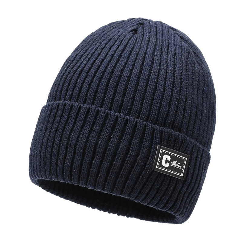 C Unisex Deep Blue Knit Beanie - Warm Ribbed Winter Cap