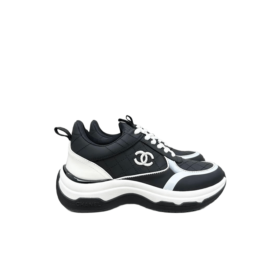 Chanel Black White Quilted Platform Sneakers With CC Logo
