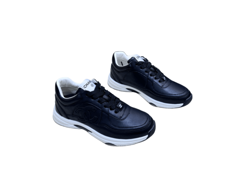Chanel CC Logo Black Leather Sneakers White Rubber Sole