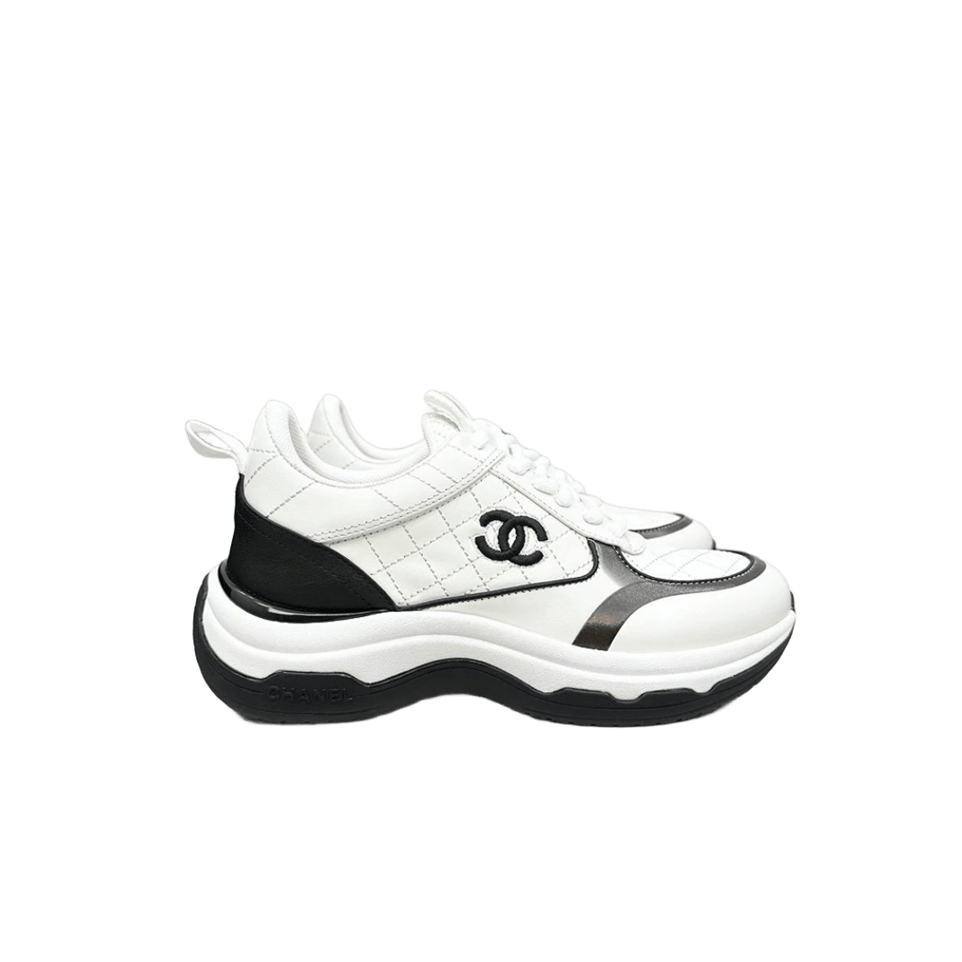 Chanel Classic Quilted Leather Platform Sneakers In White Black Silver