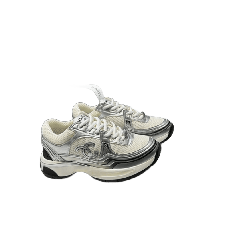 Chanel Dad Shoes Silver White Mesh Sneakers With Cc Logo