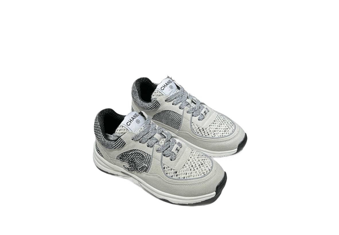 Chanel Grey White Black Sneakers Mesh Leather Unisex