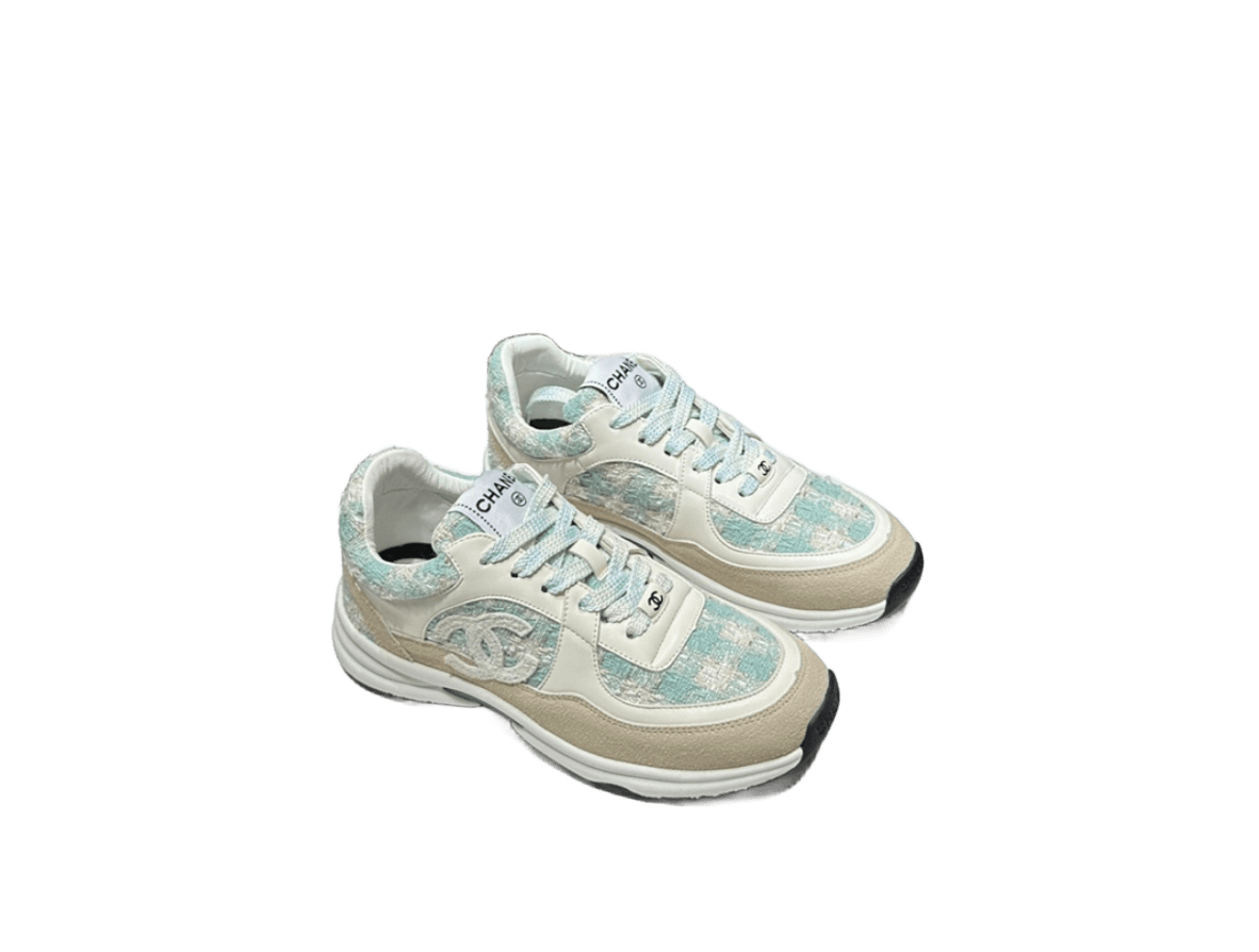 Chanel Trainers White Green Tweed Sneakers Unisex