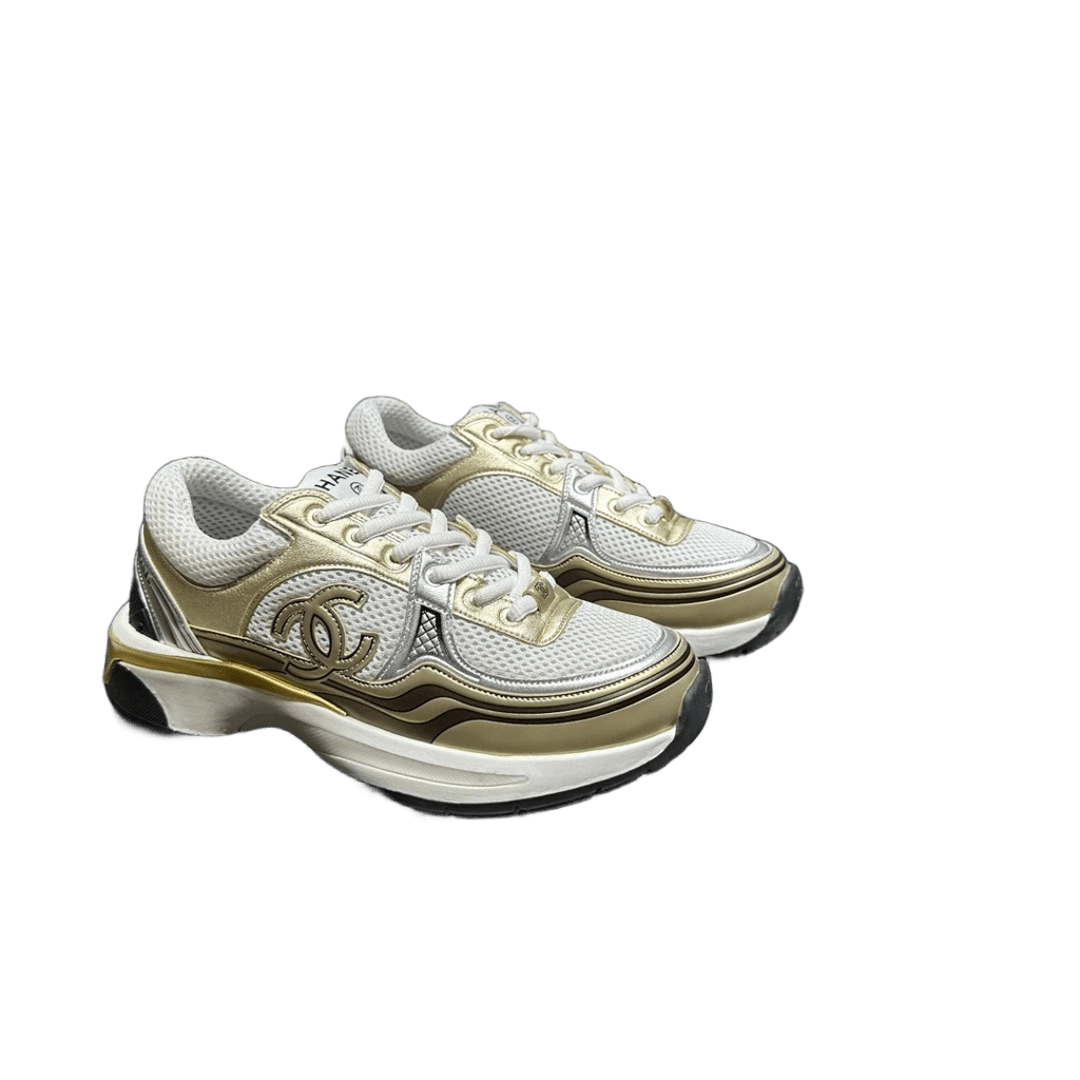 Chanel White Silver Gold Mesh Trainers With CC Logo