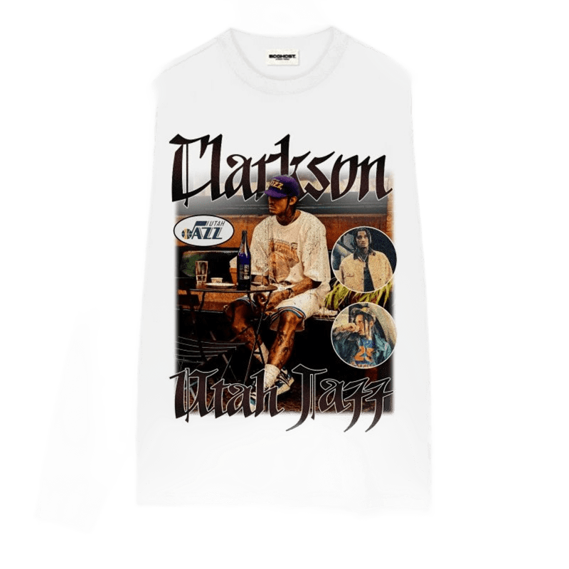 Clarkson Utah Jazz Vintage Print White Long Sleeve Tee