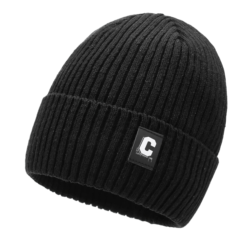 Classic Black Knit Beanie - Unisex Warm Wool Cap w/ White 
