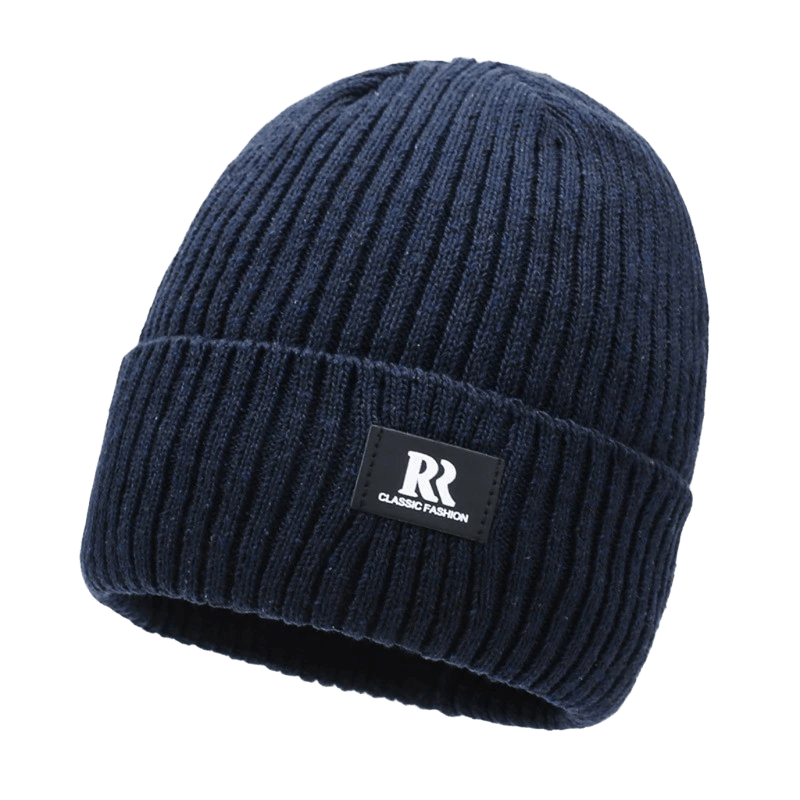 Classic Knit Beanie - Deep Blue, Unisex Winter Hat w/ Leather Emblem