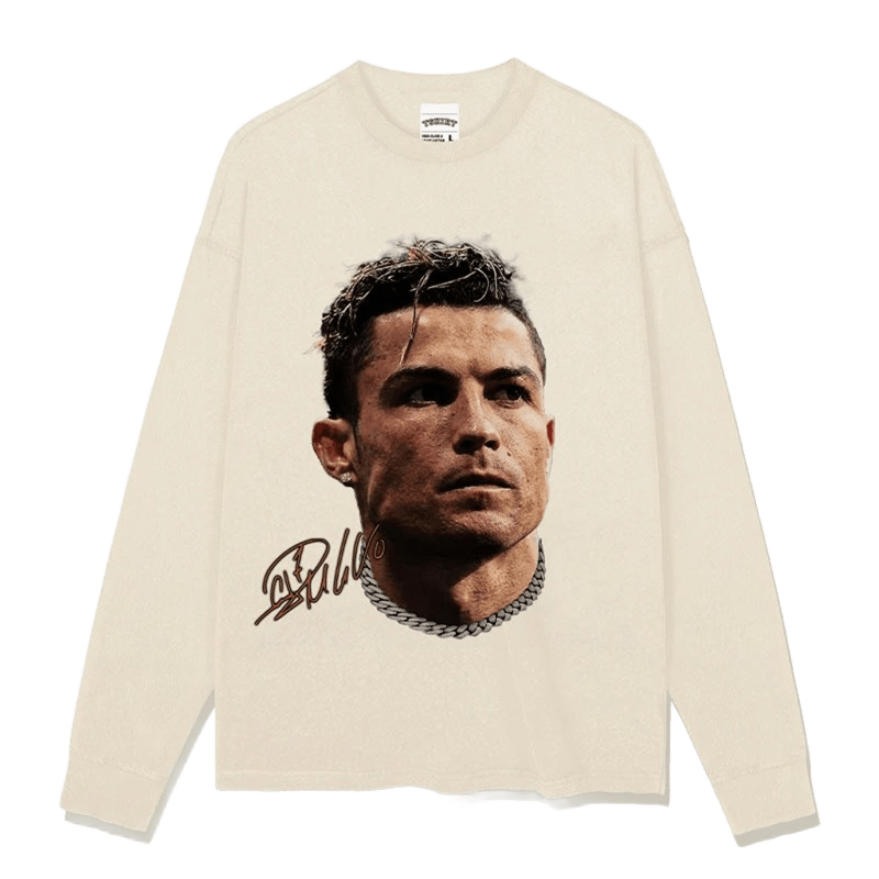 CR7 Oversized Cream White T-Shirt, Unisex Cotton Long Sleeve Tee