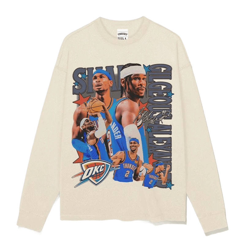 Cream Basketball Star Print Long Sleeve Tee, Unisex Street Style Cotton Shirt