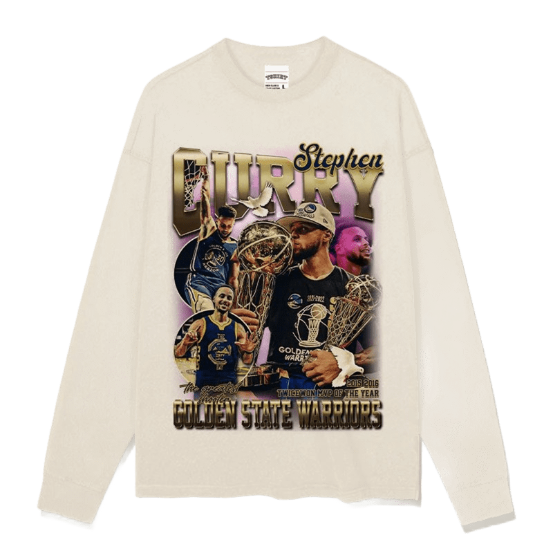 Cream White Curry Tribute Long Sleeve Tee: MVP 2015-16 Warriors Logo