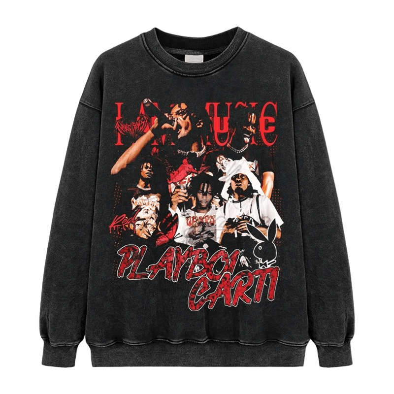 Distressed Black Crewneck Sweatshirt: I AM MUSIC, Playboi Carti