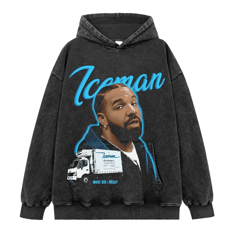 Distressed Black Hoodie: ICEMAN Portrait & Truck Graphic Streetwear