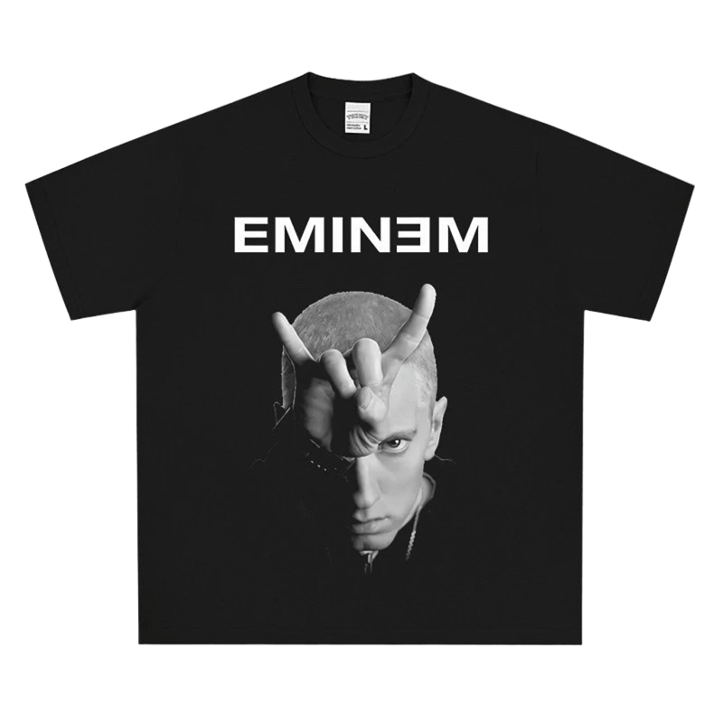 EMINEM Graphic Black Cotton Tee - Unisex Streetwear Short Sleeve