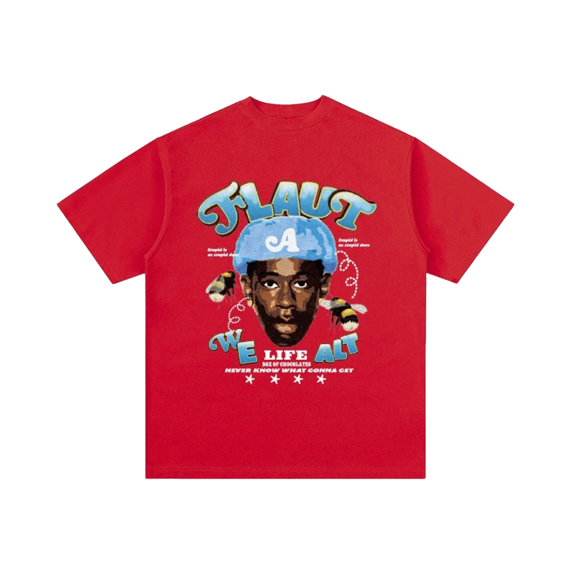 FLAUT Red Cotton Tee - Unisex Streetwear with Graphic Print