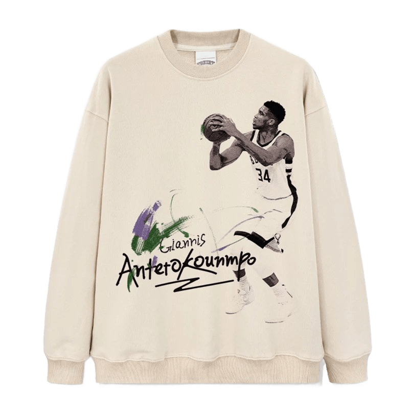 Giannis Graffiti Unisex Cotton Beige Crewneck Sweatshirt
