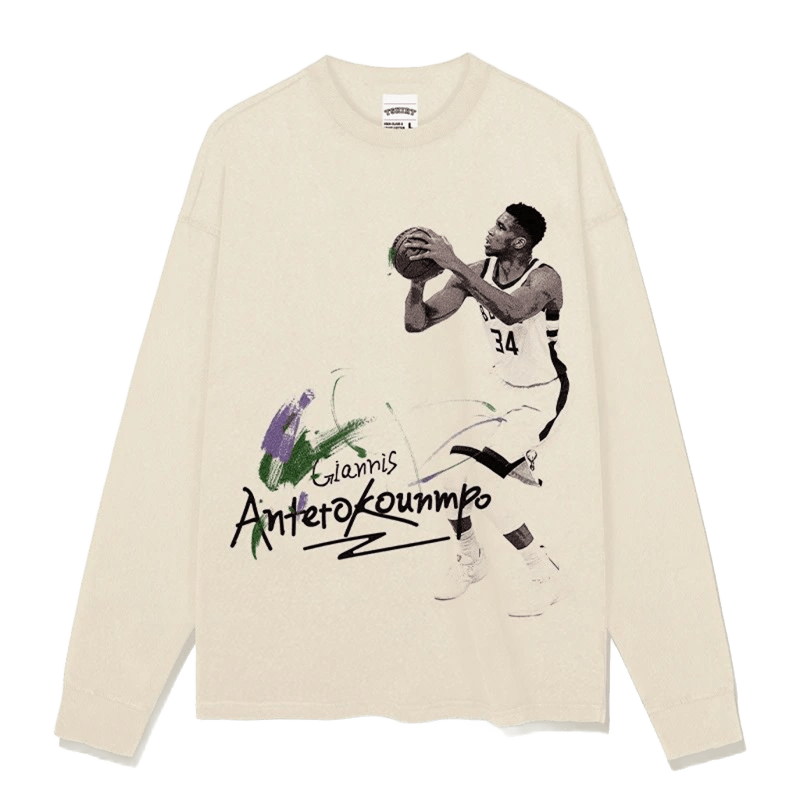 Giannis Signature Print Cream Cotton Long Sleeve Tee Unisex