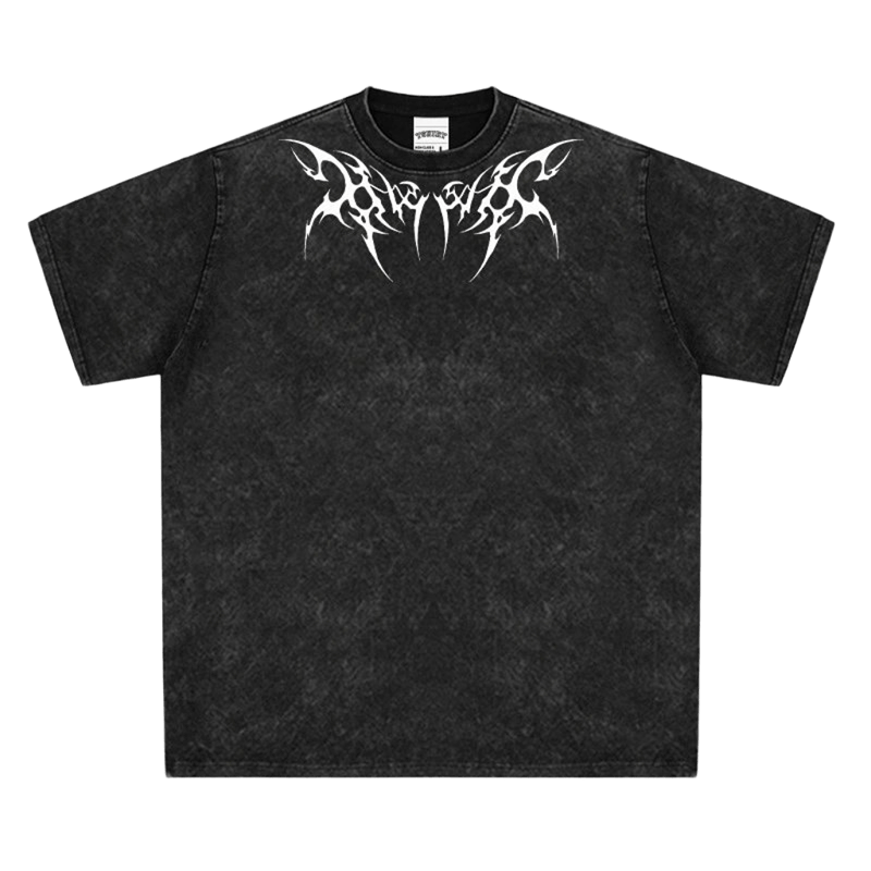 Gothic Flame Print Washed Black T-Shirt - Unisex Loose Fit
