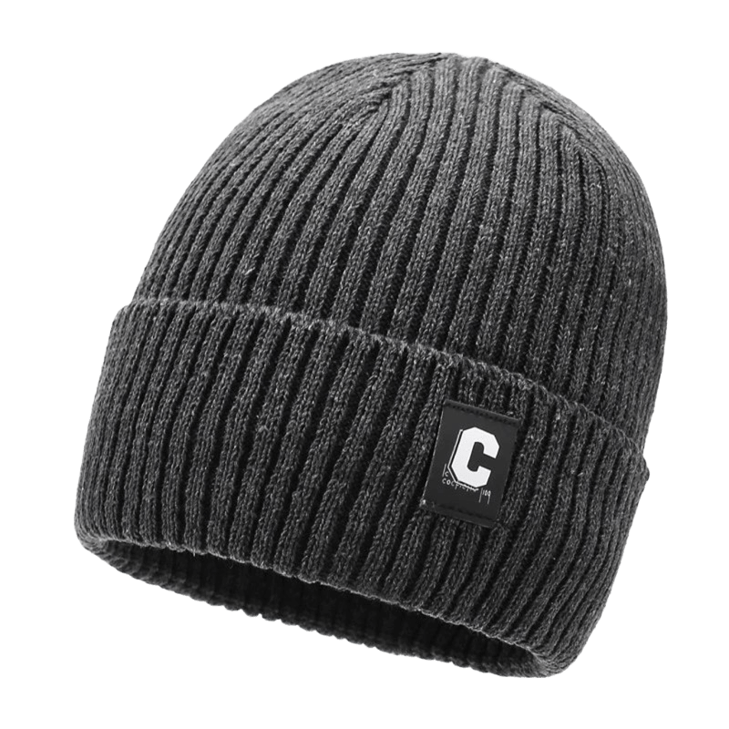 Gray Knit Beanie - Wool Blend Unisex Hat with Leather Patch