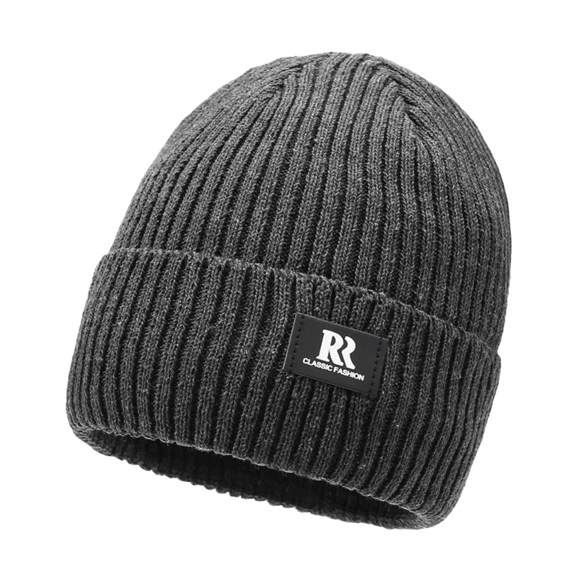 Grey Ribbed Knit Beanie Unisex Soft Breathable Black Leather Label