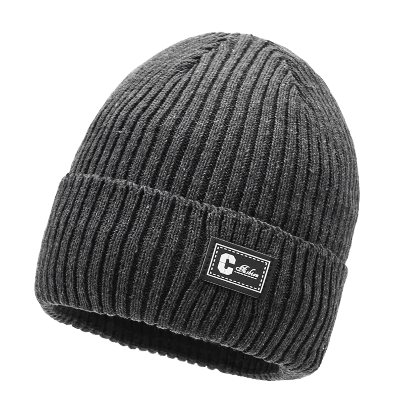 Grey Ribbed Knit Beanie, Unisex Winter Hat w/ Leather Tag
