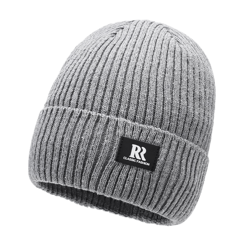Grey Ribbed Knit Beanie with Leather Patch - Unisex Winter Hat